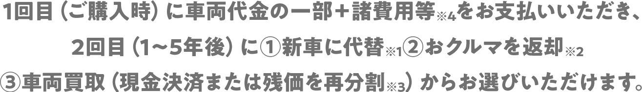 1回目（ご購入時）に車両代金の一部＋諸費用等※4をお支払いいただき、2回目（1〜5年後）に①新車に代替※1②おクルマを返却※2③車両買取（現金決済または残価を再分割※3）からお選びいただけます。
